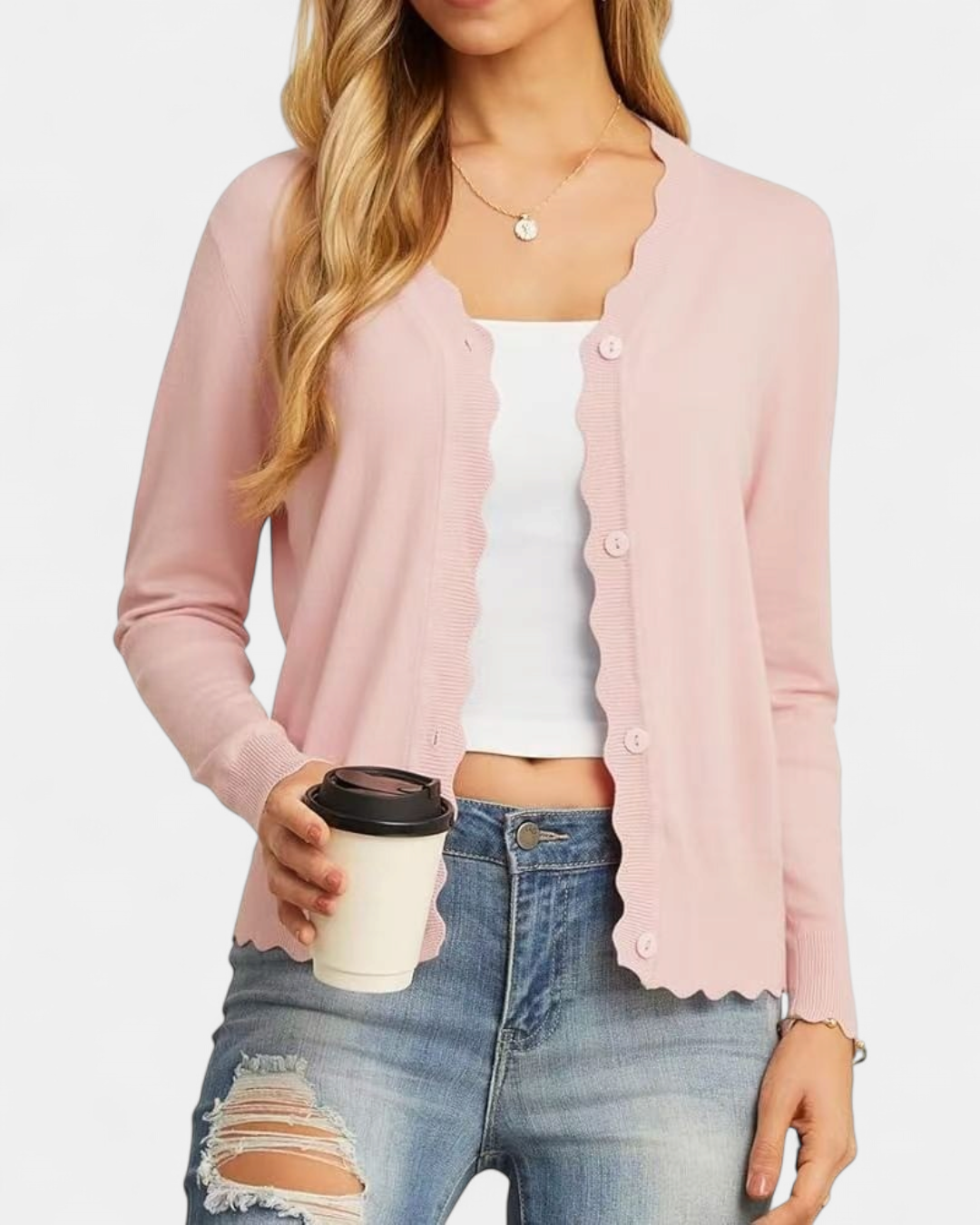 Avril | Women's Scalloped Cropped Knit Button Up Cardigan