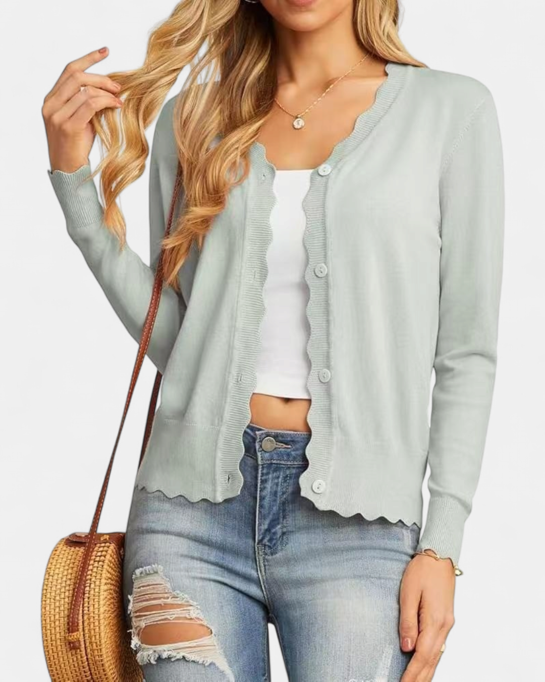Avril | Women's Scalloped Cropped Knit Button Up Cardigan