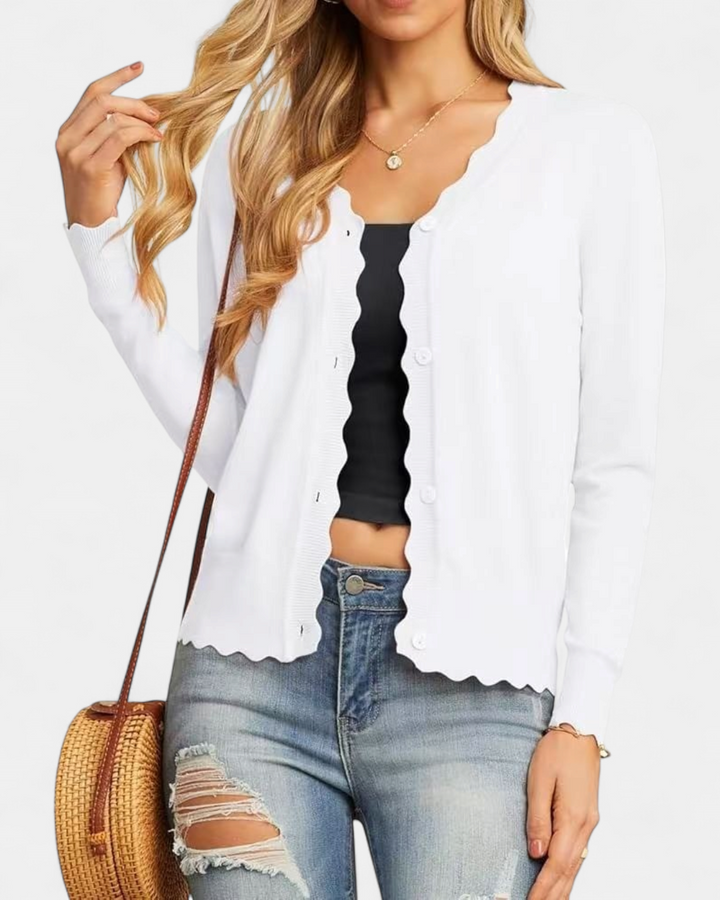 Avril | Women's Scalloped Cropped Knit Button Up Cardigan