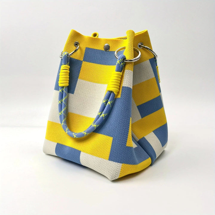 Geometric Block Print Knit Rope Handle Structured Bucket Bag