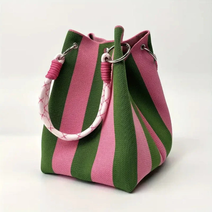 Geometric Block Print Knit Rope Handle Structured Bucket Bag