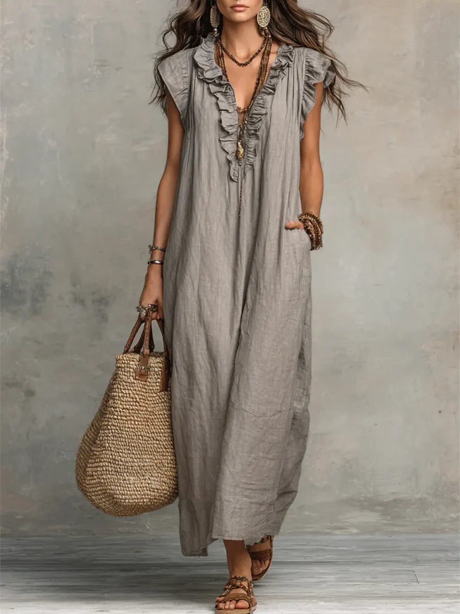 Ruffle V-Neck Flutter Sleeve Pocket Linen Maxi Dress