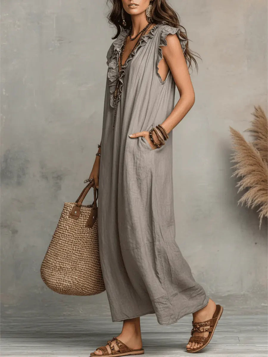 Ruffle V-Neck Flutter Sleeve Pocket Linen Maxi Dress