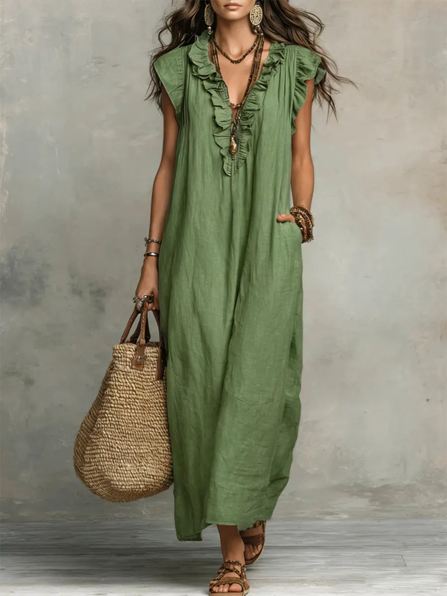 Ruffle V-Neck Flutter Sleeve Pocket Linen Maxi Dress