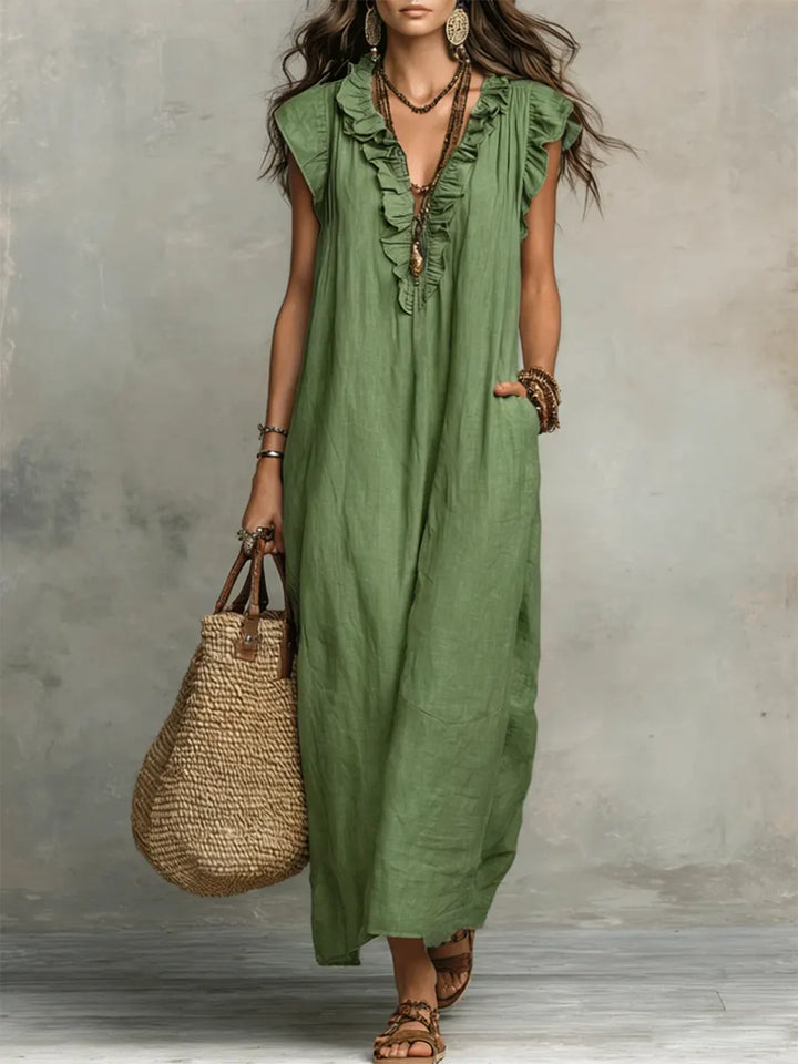 Ruffle V-Neck Flutter Sleeve Pocket Linen Maxi Dress