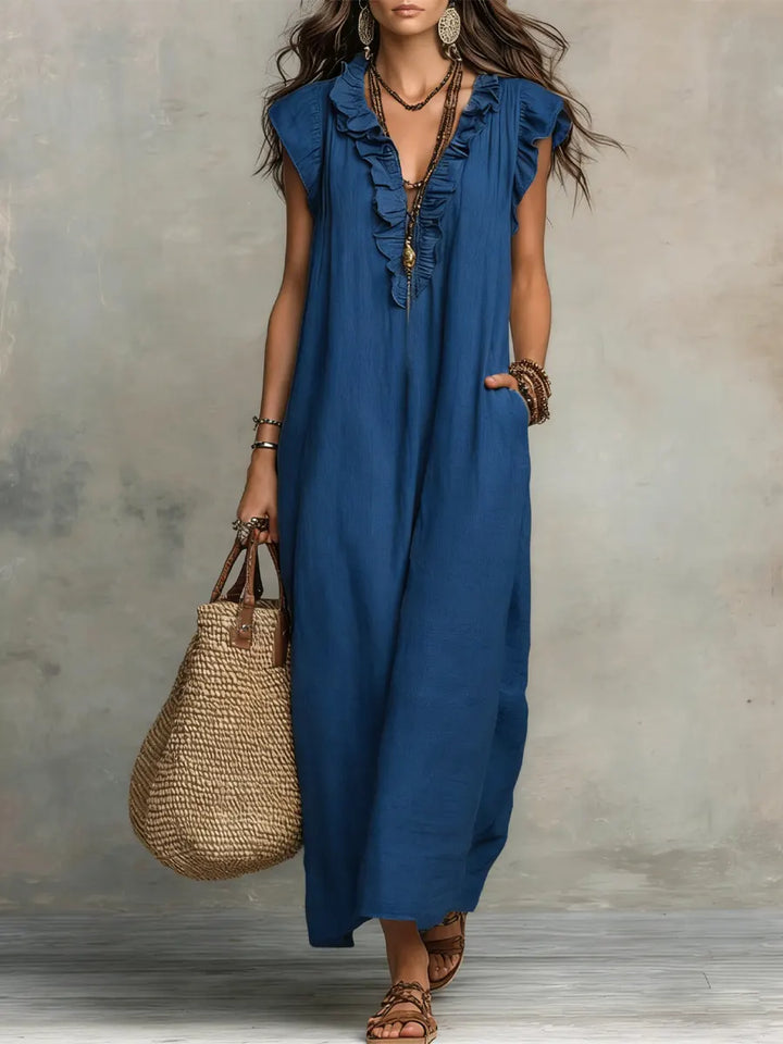 Ruffle V-Neck Flutter Sleeve Pocket Linen Maxi Dress
