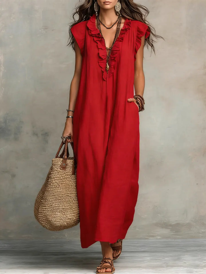 Ruffle V-Neck Flutter Sleeve Pocket Linen Maxi Dress