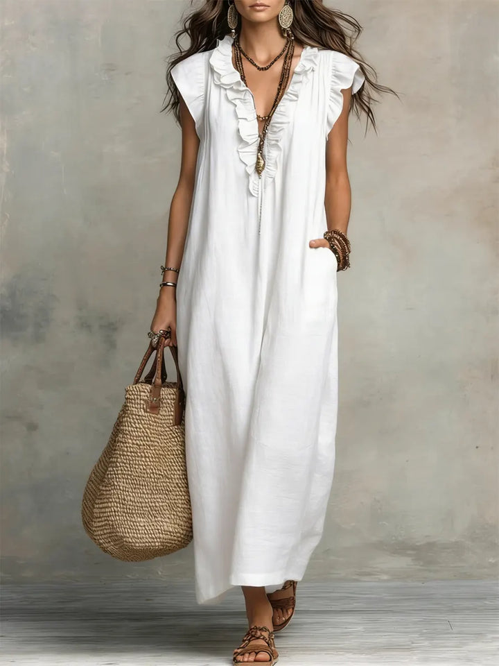Ruffle V-Neck Flutter Sleeve Pocket Linen Maxi Dress
