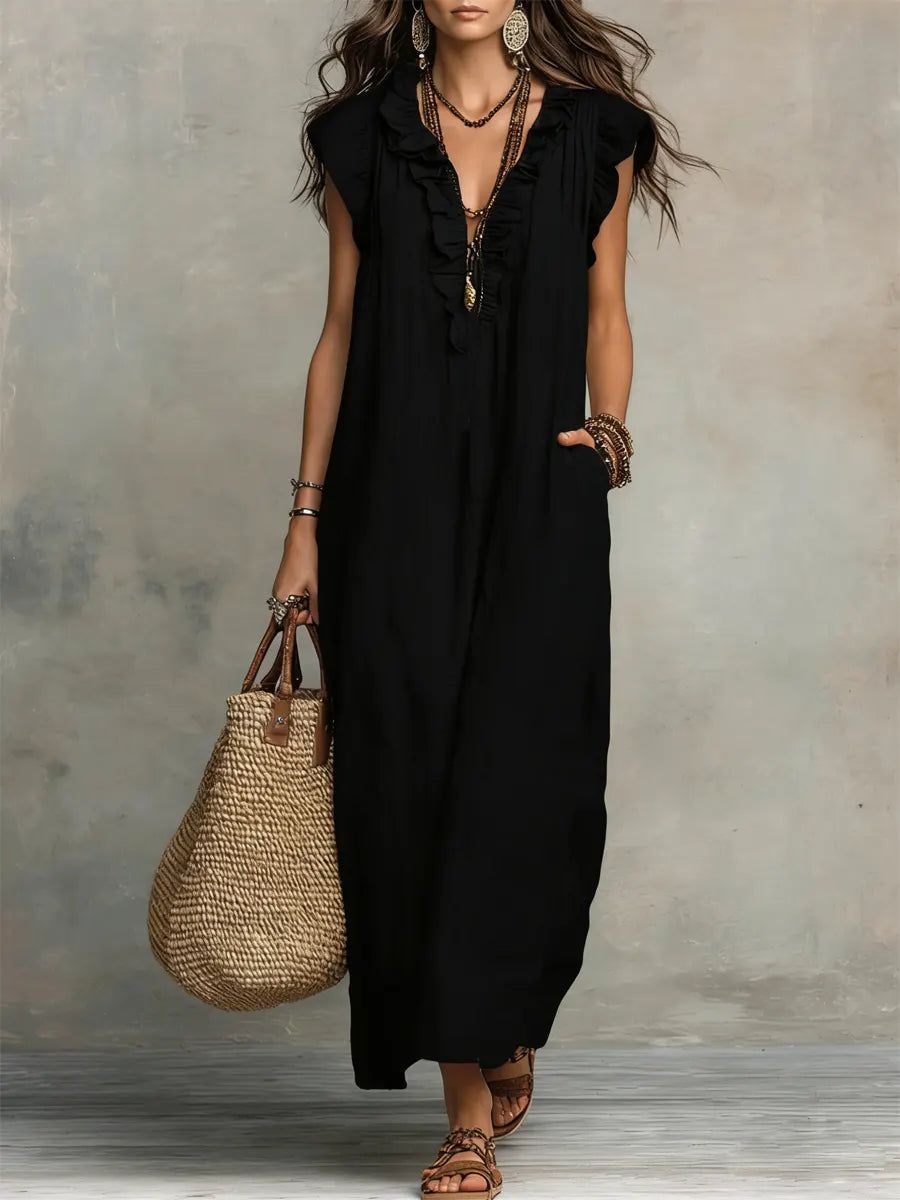 Ruffle V-Neck Flutter Sleeve Pocket Linen Maxi Dress