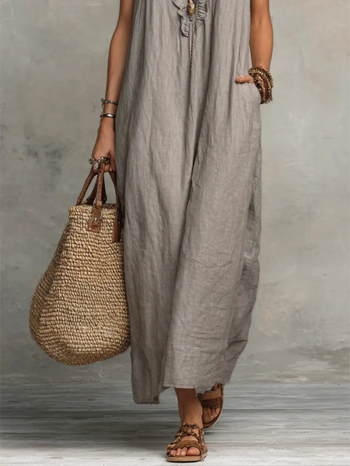 Ruffle V-Neck Flutter Sleeve Pocket Linen Maxi Dress