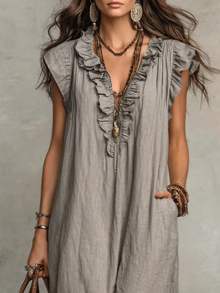 Ruffle V-Neck Flutter Sleeve Pocket Linen Maxi Dress
