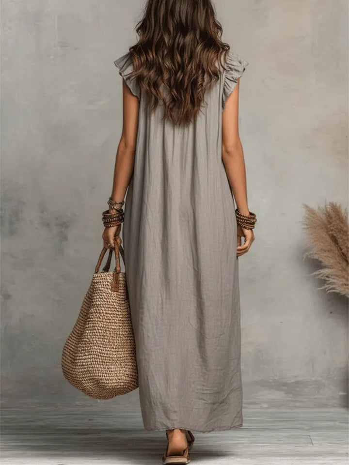 Ruffle V-Neck Flutter Sleeve Pocket Linen Maxi Dress