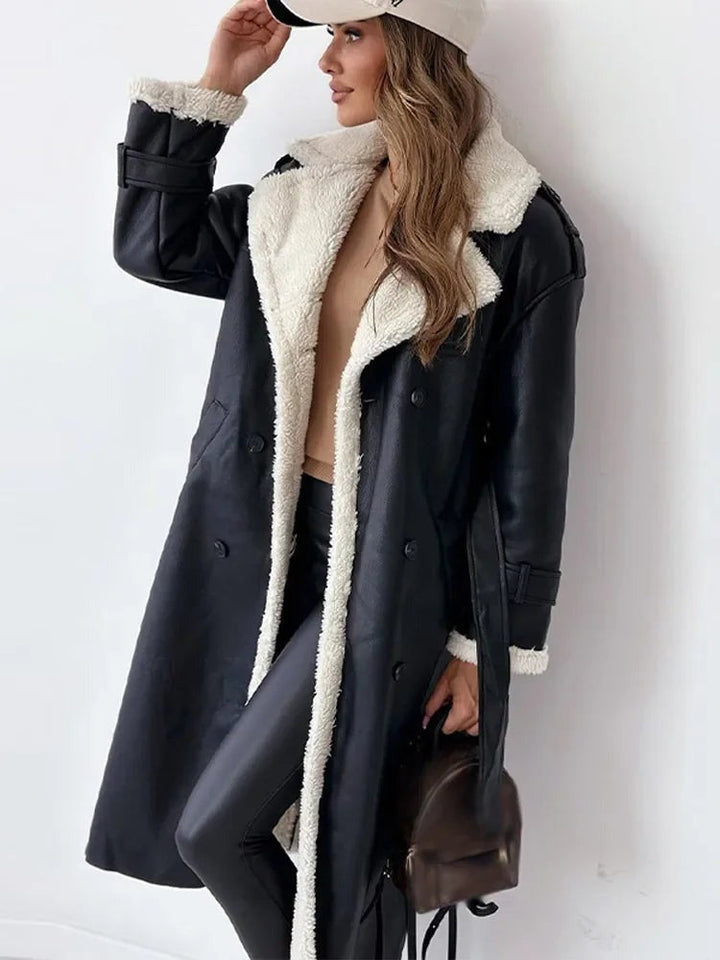 Anouk | Women's Belted Longline Coat with Shearling Collar