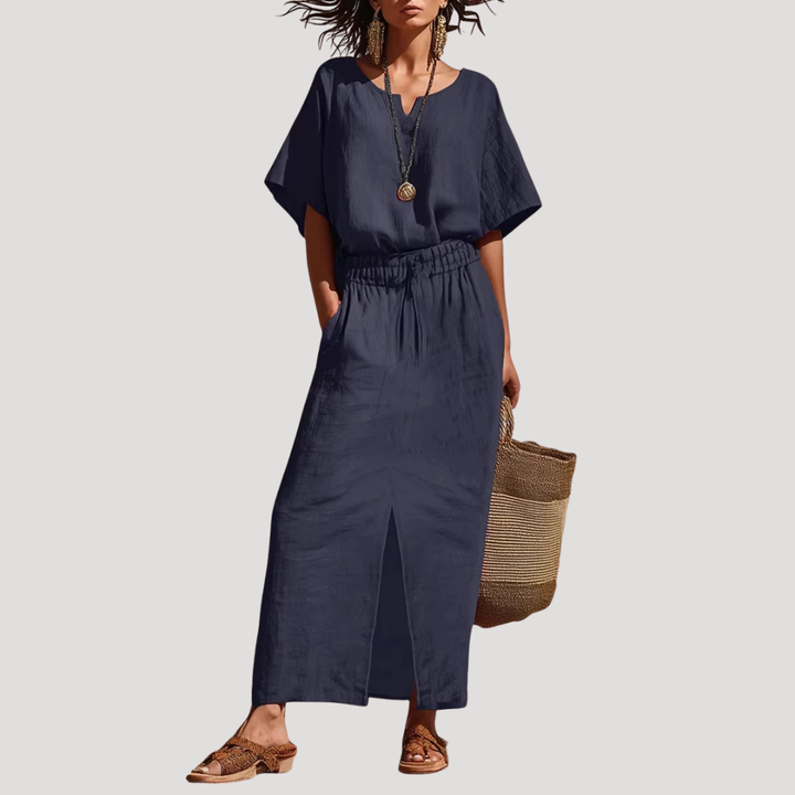 Linen V Neck Short Sleeve Top and Midi Skirt Set