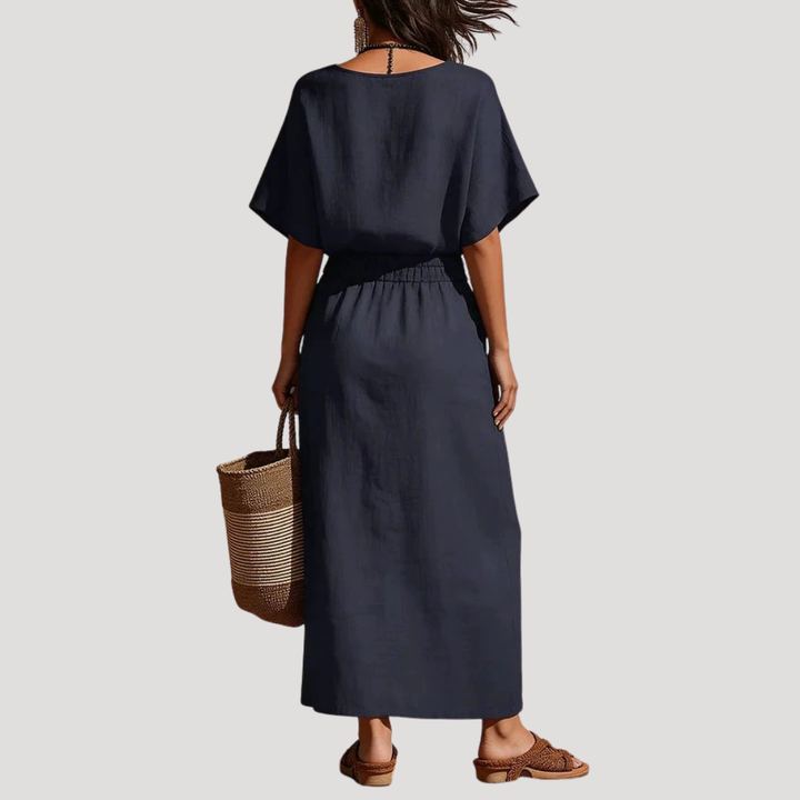 Linen V Neck Short Sleeve Top and Midi Skirt Set