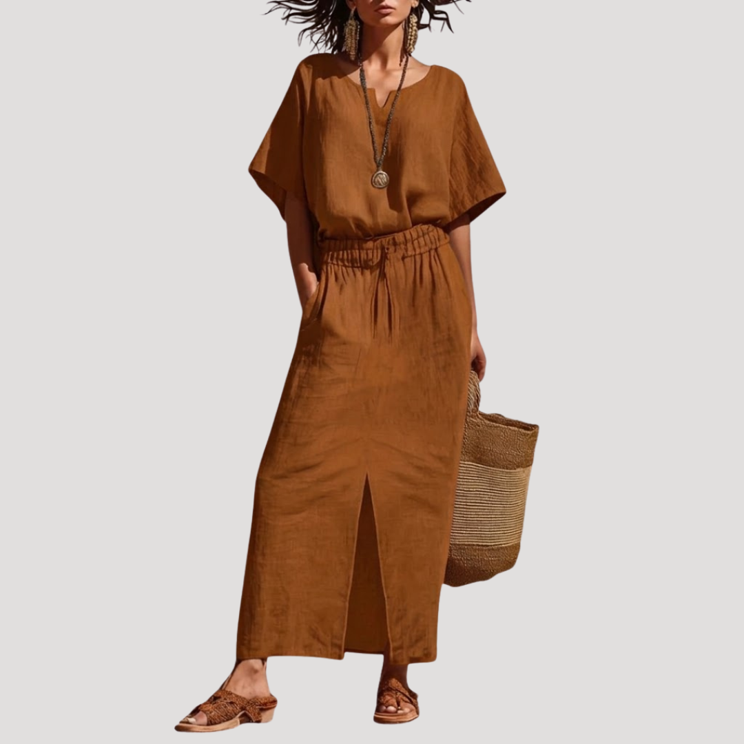 Linen V Neck Short Sleeve Top and Midi Skirt Set