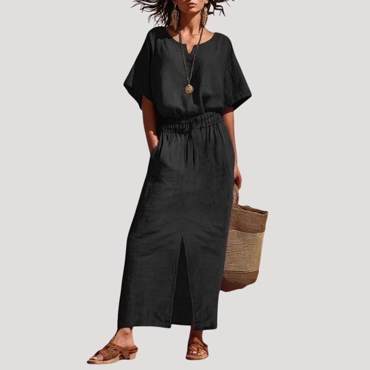 Linen V Neck Short Sleeve Top and Midi Skirt Set