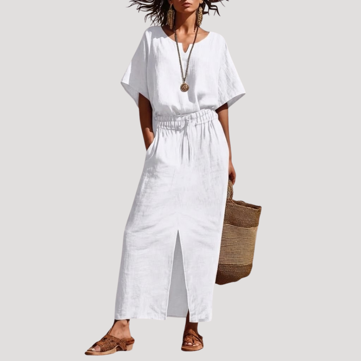 Linen V Neck Short Sleeve Top and Midi Skirt Set