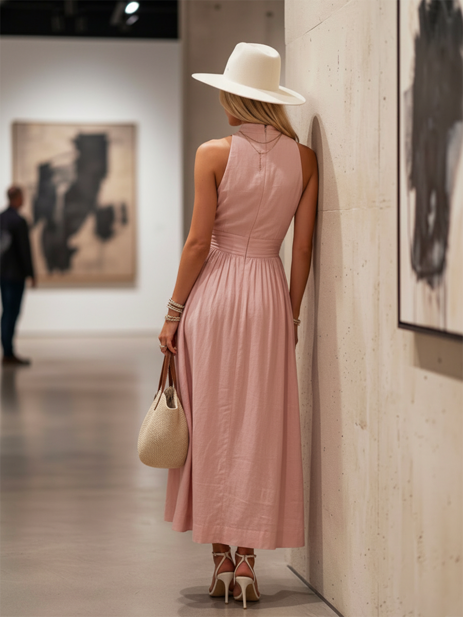 Deep V Halter Neck Ruched Waist Flowy Maxi Dress