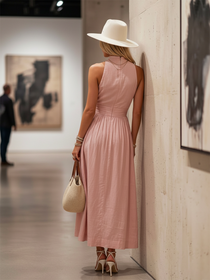 Deep V Halter Neck Ruched Waist Flowy Maxi Dress
