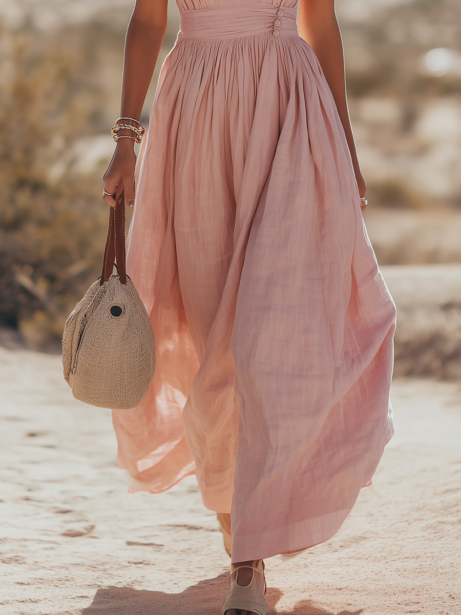 Deep V Halter Neck Ruched Waist Flowy Maxi Dress