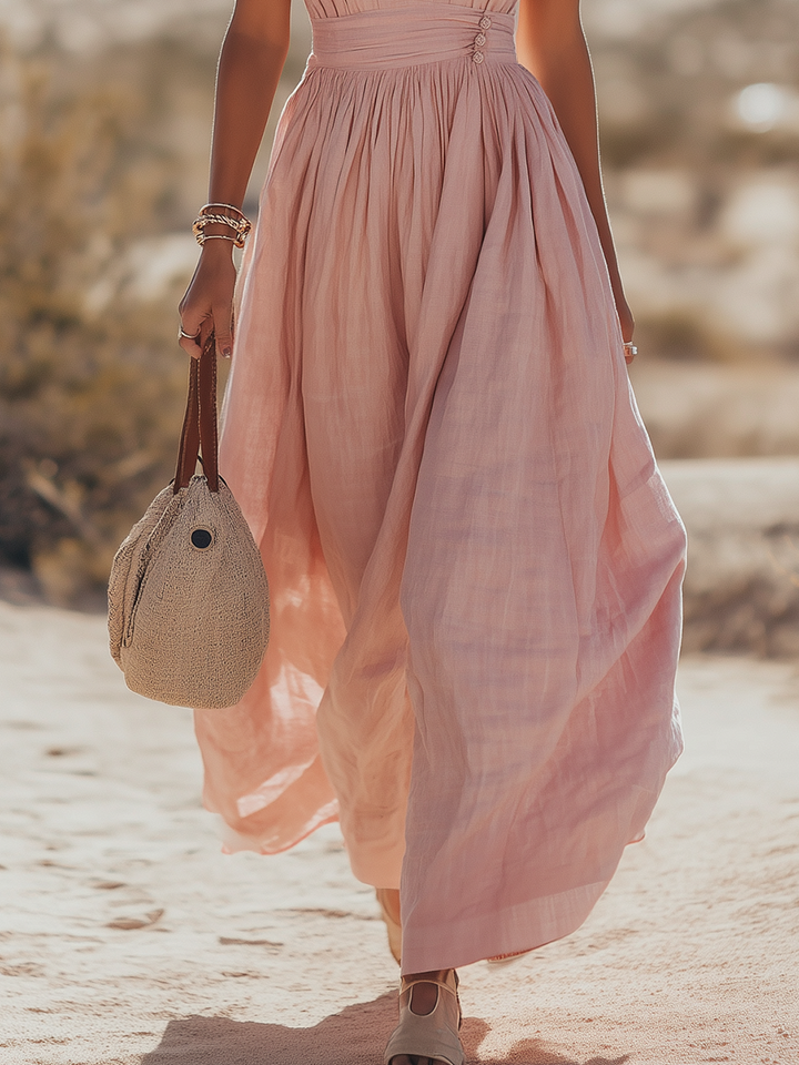 Deep V Halter Neck Ruched Waist Flowy Maxi Dress