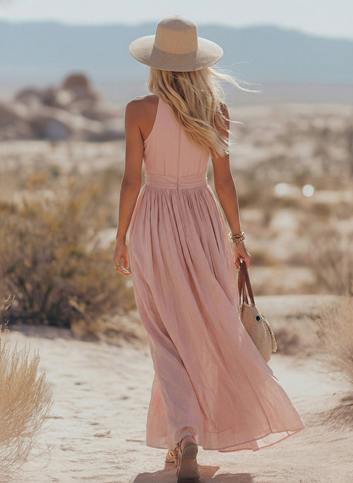 Deep V Halter Neck Ruched Waist Flowy Maxi Dress