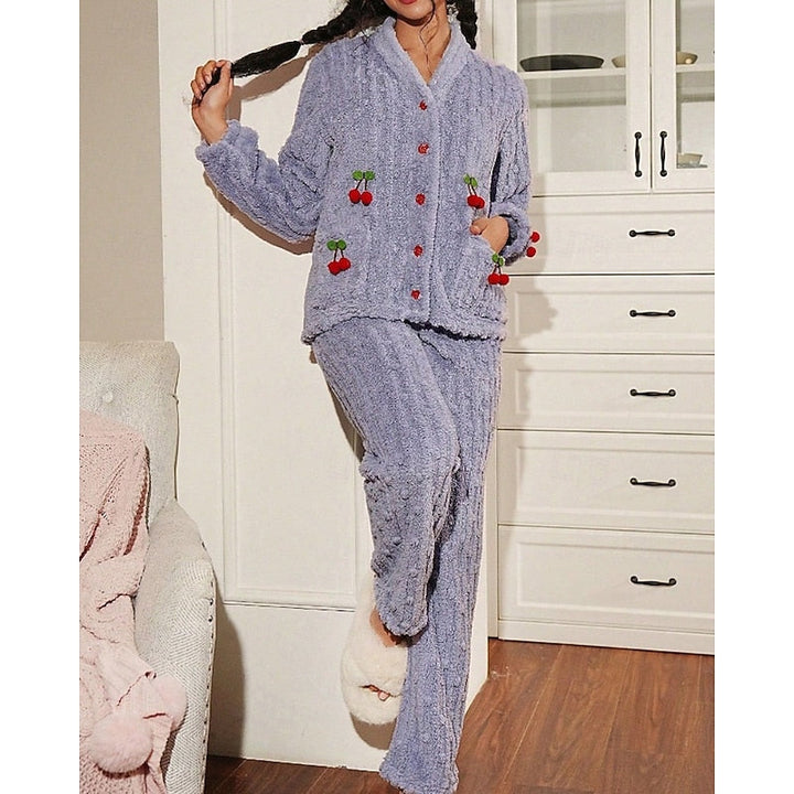 Winnifred | Women's Fuzzy Cherry Print Two-Piece Pajama Set