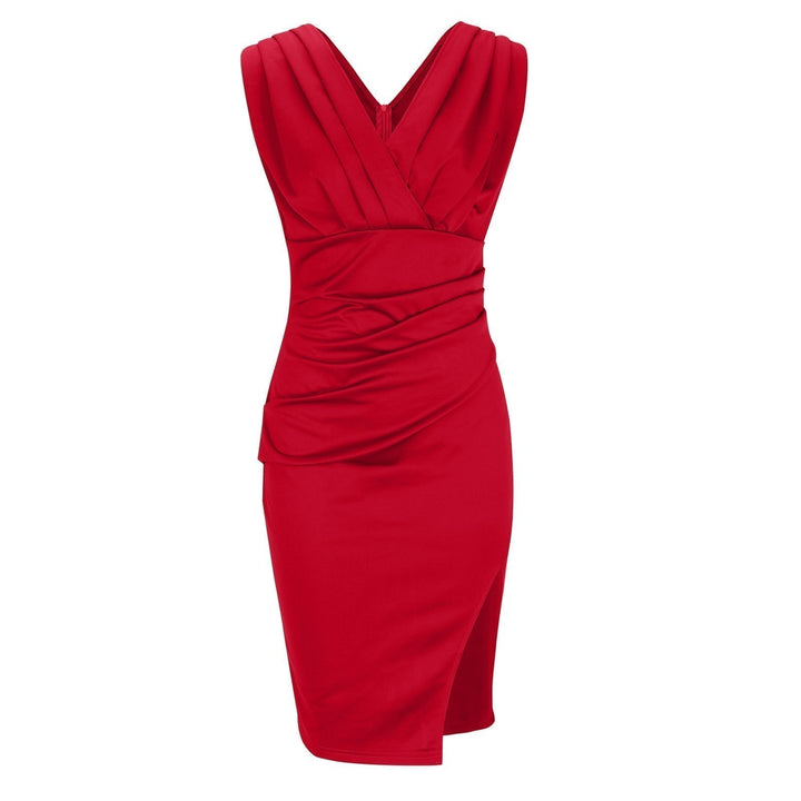 Pleated V Neck Ruched Bodycon Mini Dress - Cocktail Party