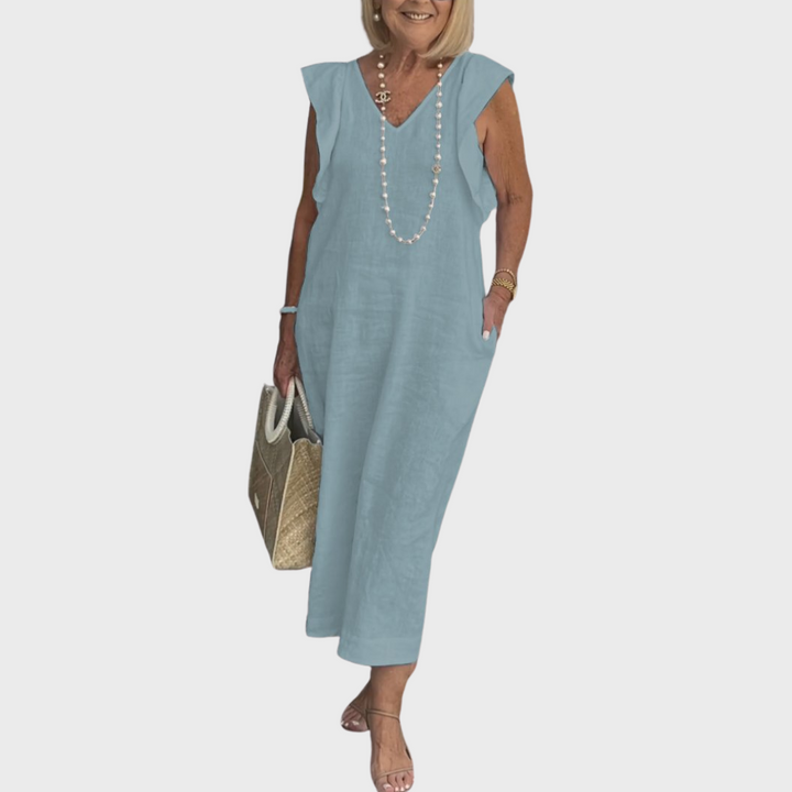 Ruffle Shoulder V Neck Pocket Sleeveless Linen Maxi Dress