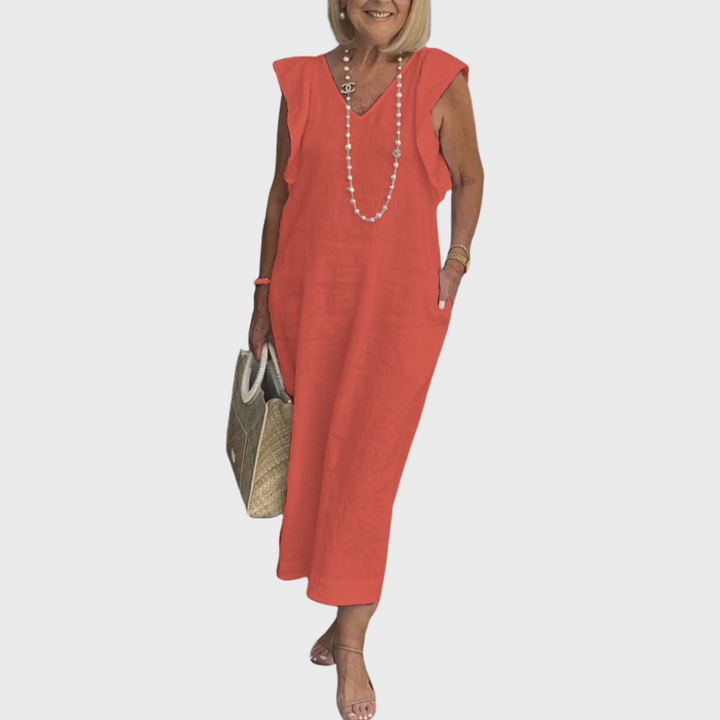 Ruffle Shoulder V Neck Pocket Sleeveless Linen Maxi Dress