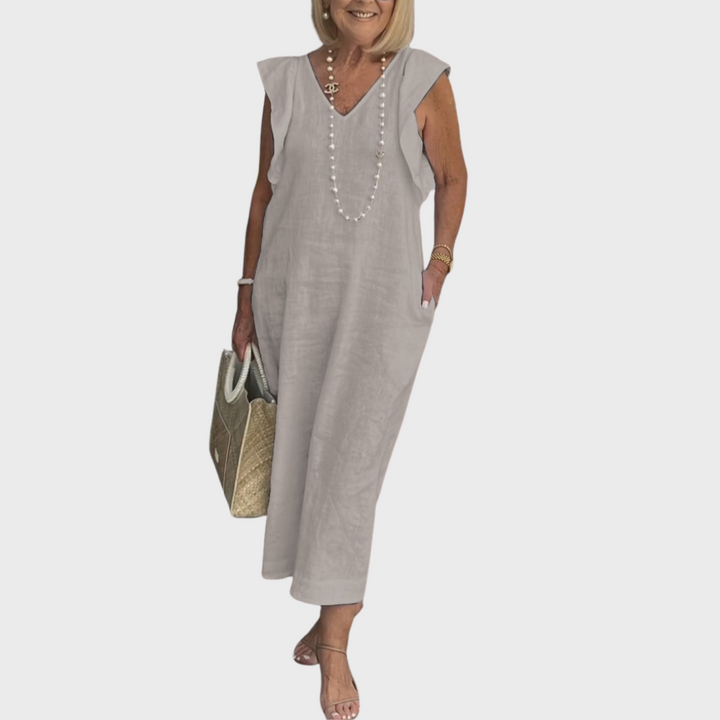Ruffle Shoulder V Neck Pocket Sleeveless Linen Maxi Dress