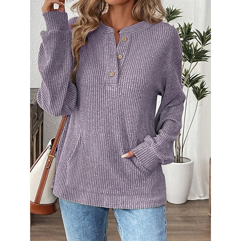 Isadora | Women's Relaxed Fit Ribbed Knit Henley Top with Kangaroo Pocket
