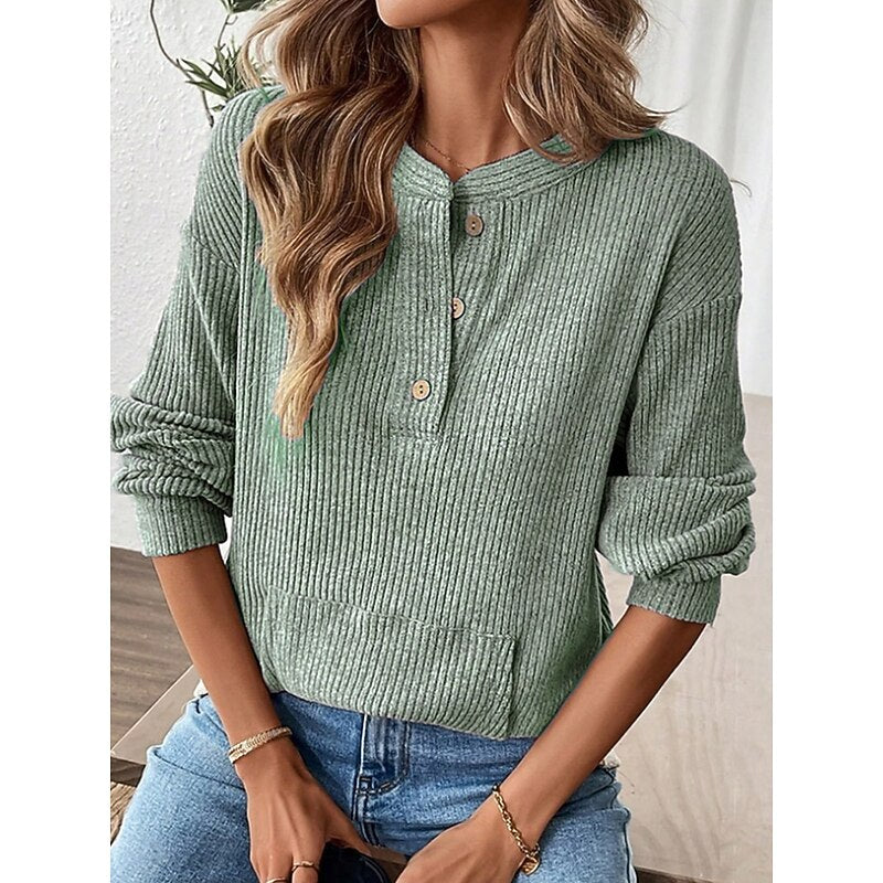 Isadora | Women's Relaxed Fit Ribbed Knit Henley Top with Kangaroo Pocket