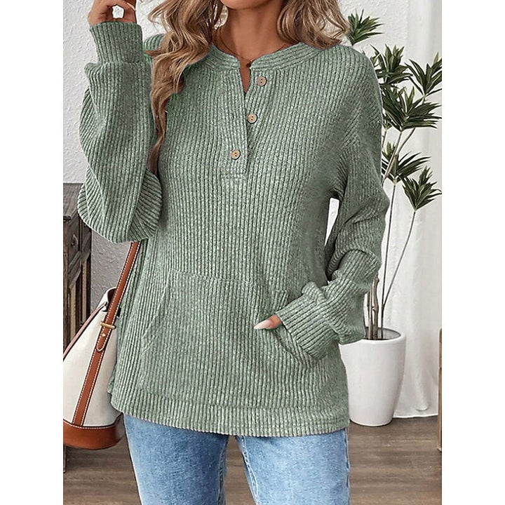 Isadora | Women's Relaxed Fit Ribbed Knit Henley Top with Kangaroo Pocket