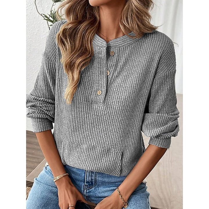 Isadora | Women's Relaxed Fit Ribbed Knit Henley Top with Kangaroo Pocket