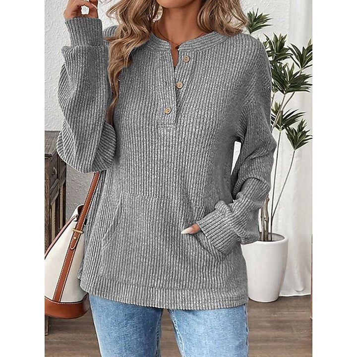 Isadora | Women's Relaxed Fit Ribbed Knit Henley Top with Kangaroo Pocket