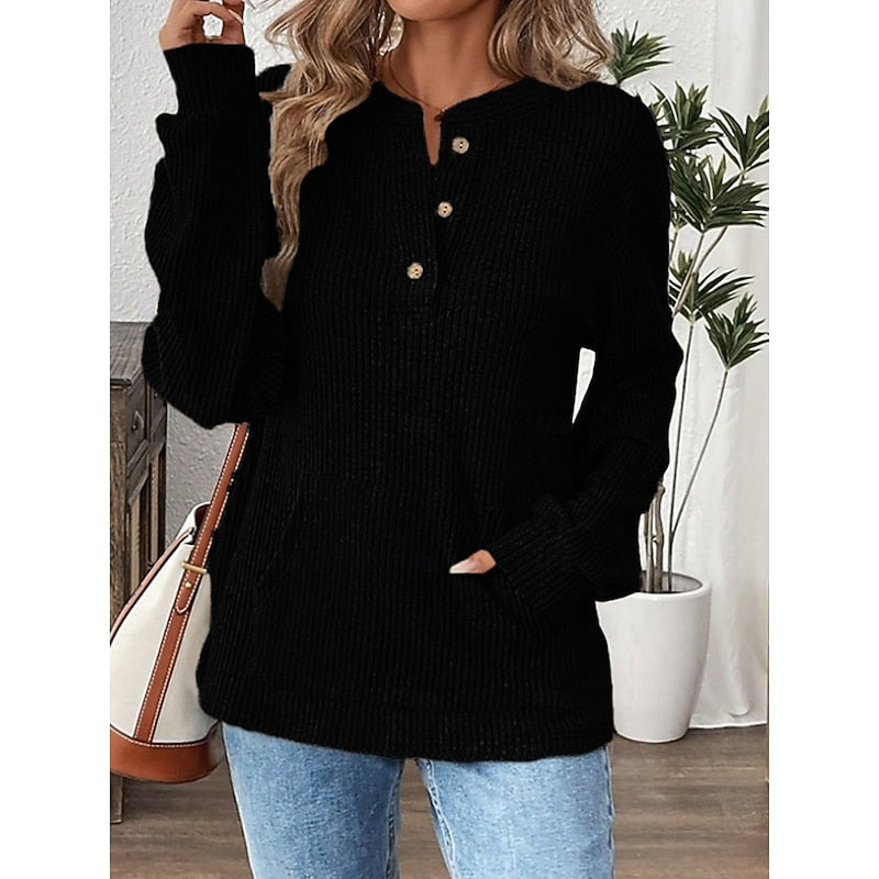 Isadora | Women's Relaxed Fit Ribbed Knit Henley Top with Kangaroo Pocket