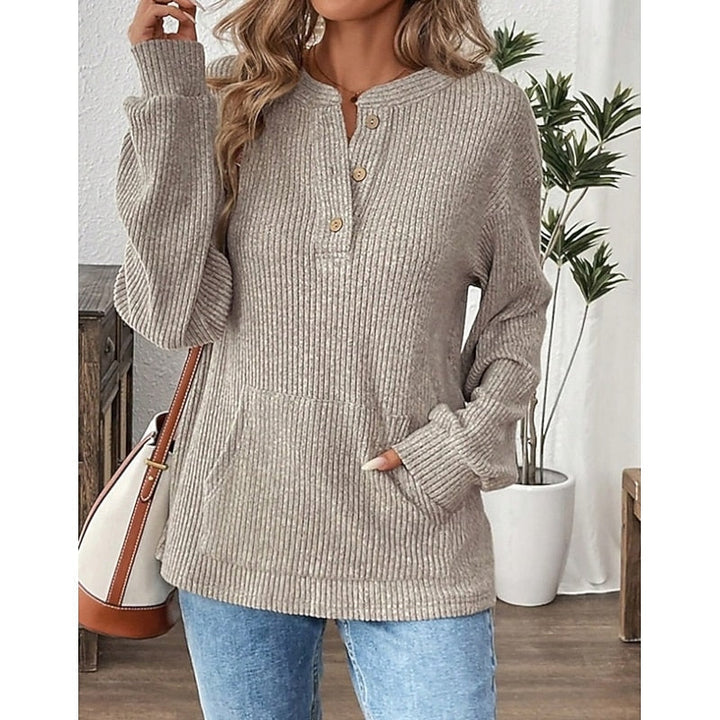 Isadora | Women's Relaxed Fit Ribbed Knit Henley Top with Kangaroo Pocket