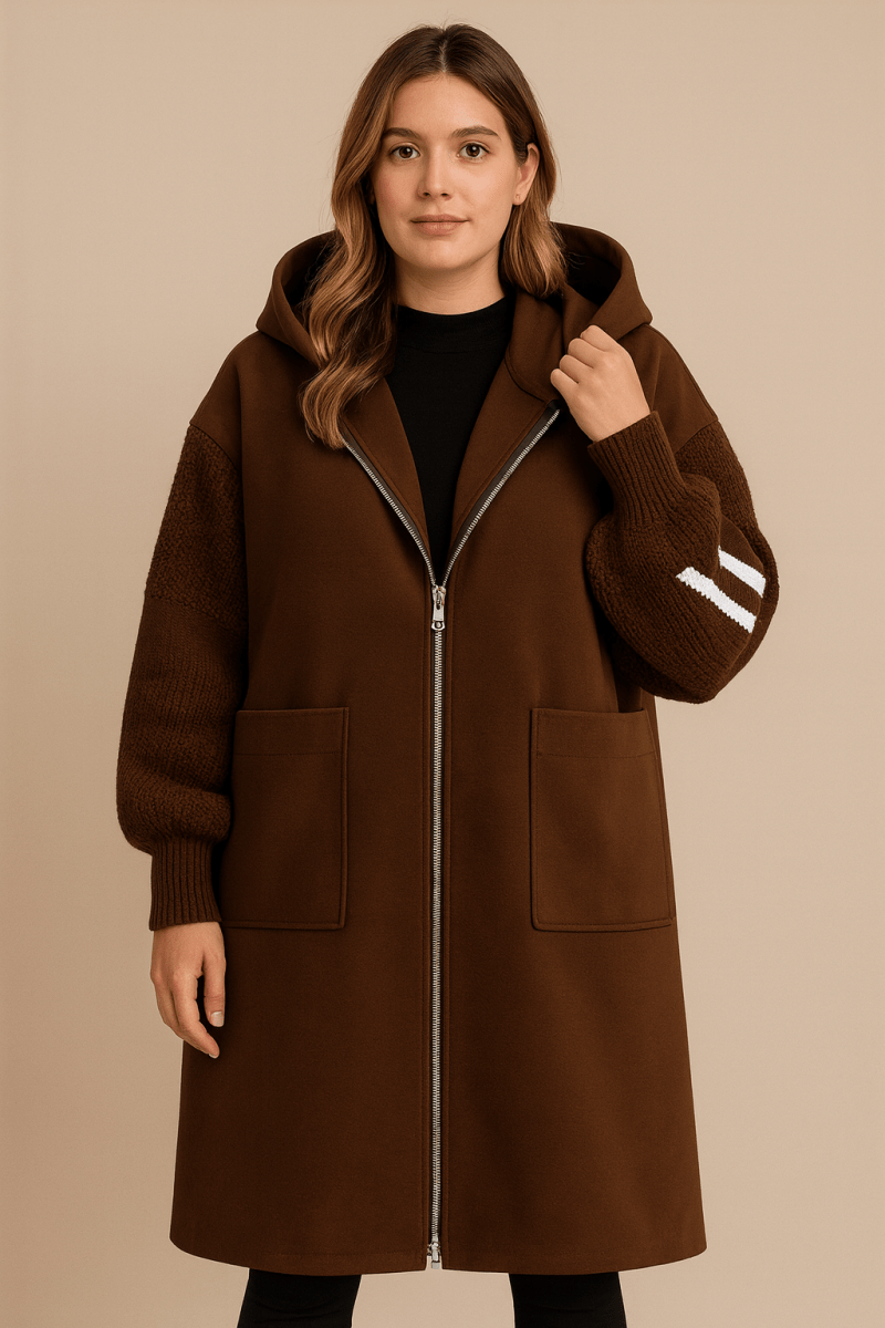 Vivienne | Women's Oversized Longline Hooded Coat with Knit Sleeve Panels