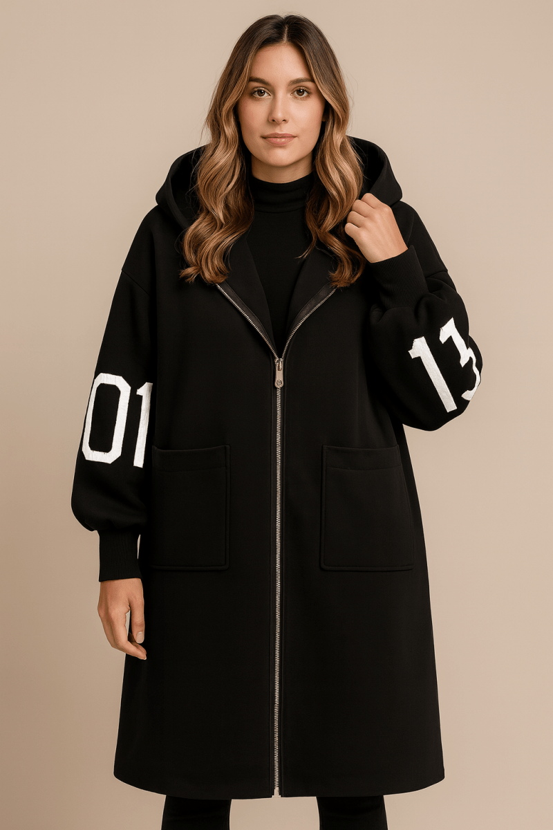 Vivienne | Women's Oversized Longline Hooded Coat with Knit Sleeve Panels