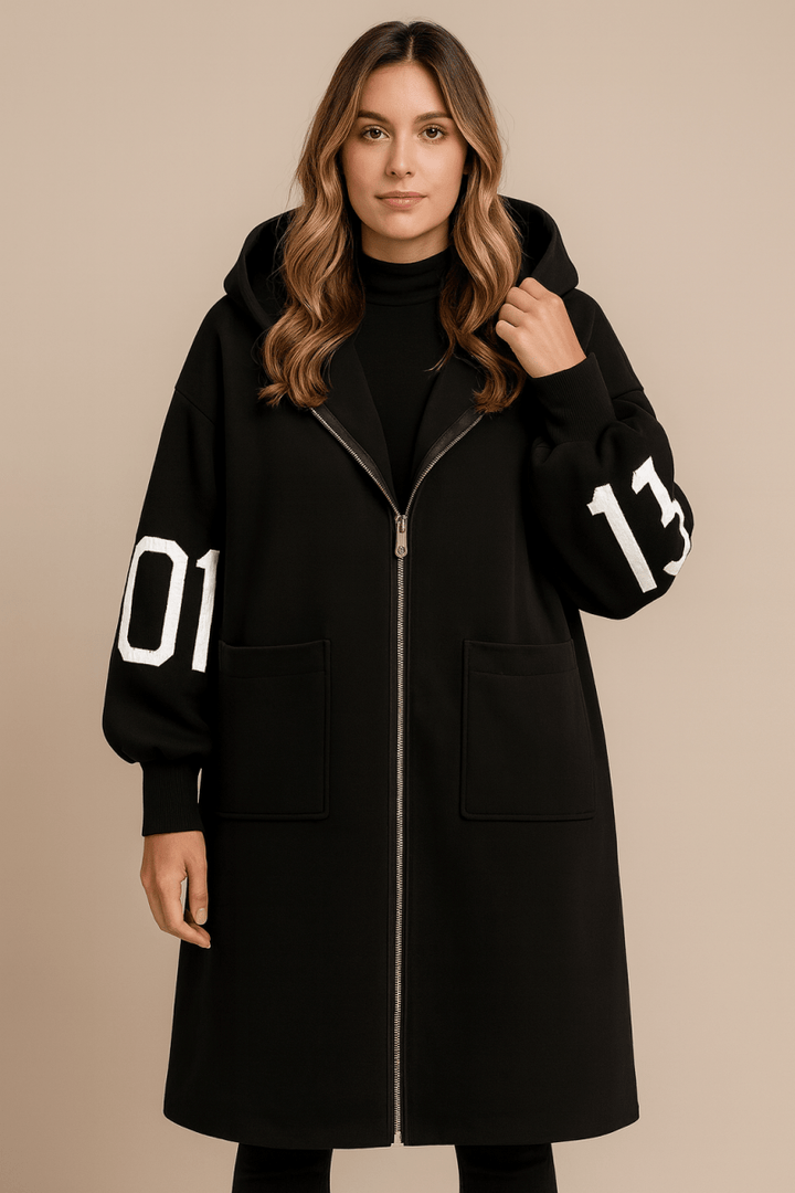 Vivienne | Women's Oversized Longline Hooded Coat with Knit Sleeve Panels