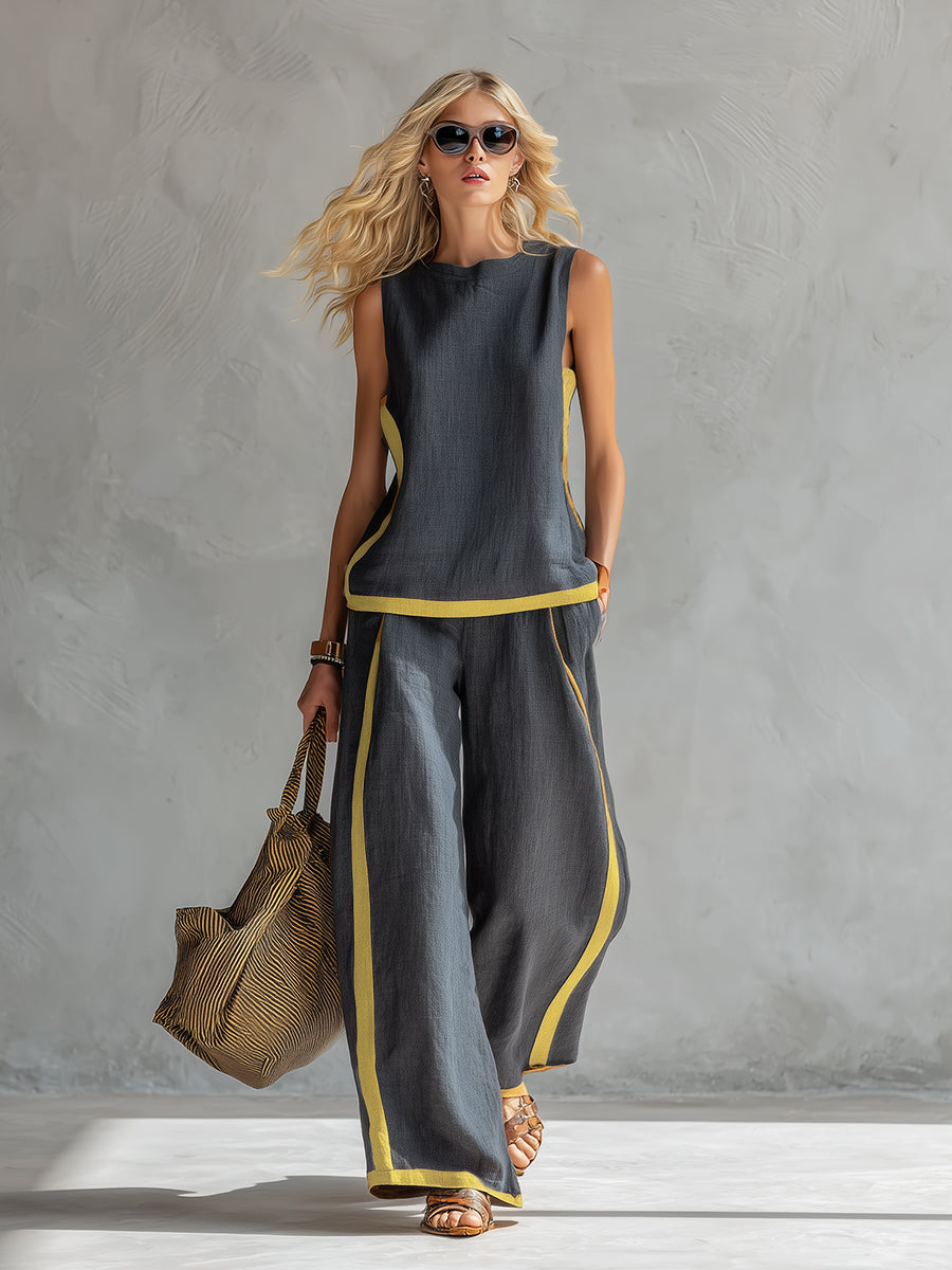 Contrast Trim Sleeveless Linen Top and Wide Leg Pant Two Piece Set