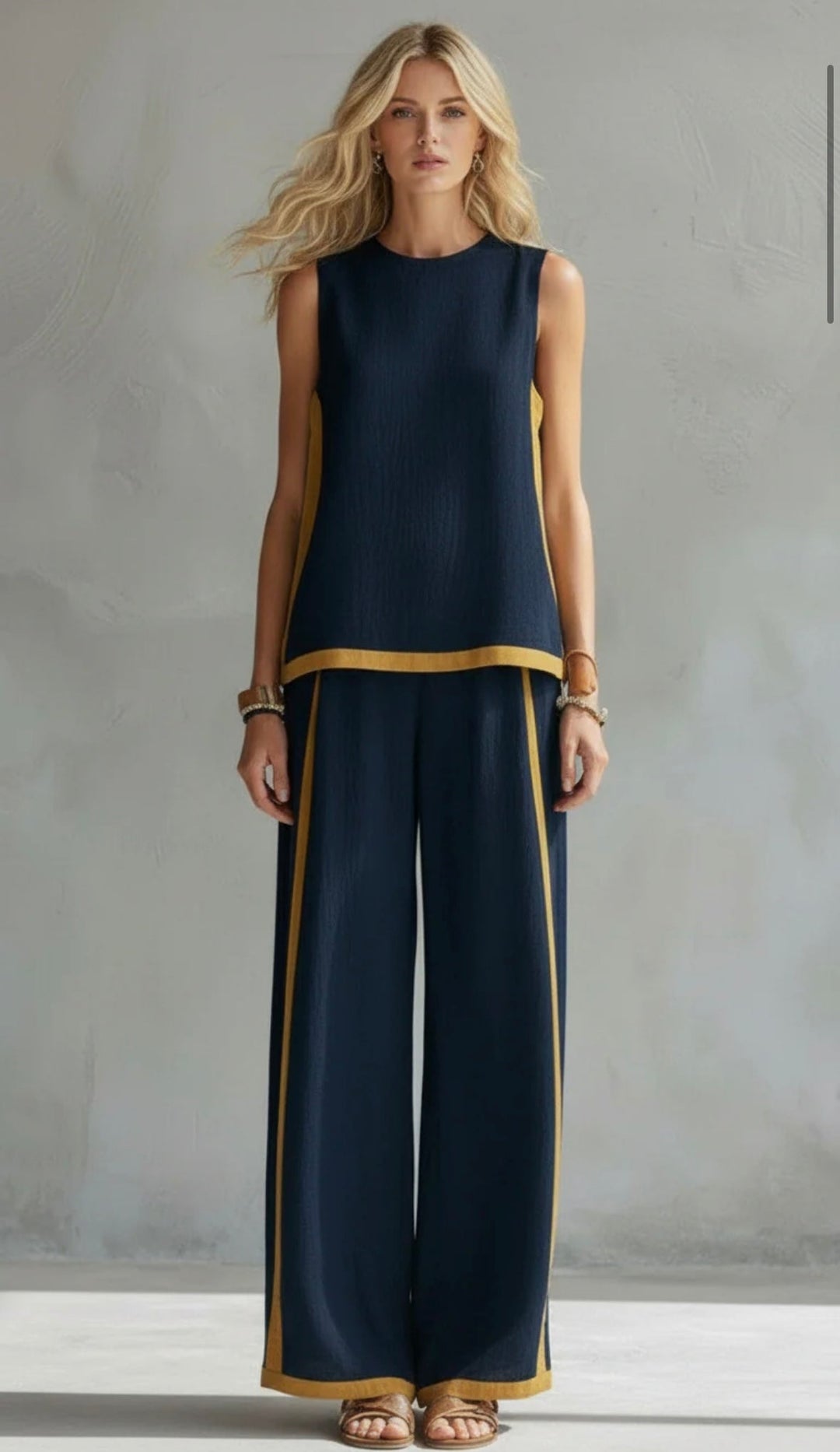 Contrast Trim Sleeveless Linen Top and Wide Leg Pant Two Piece Set