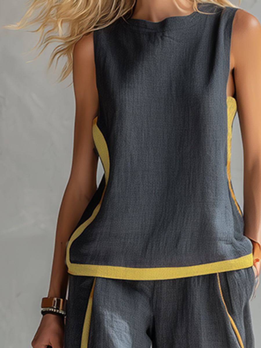 Contrast Trim Sleeveless Linen Top and Wide Leg Pant Two Piece Set