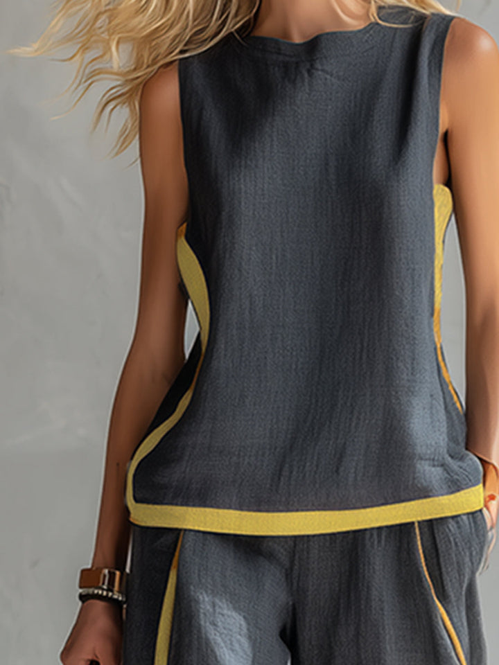 Contrast Trim Sleeveless Linen Top and Wide Leg Pant Two Piece Set
