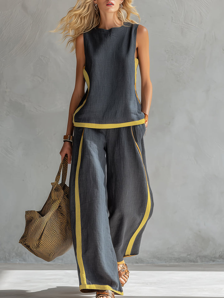 Contrast Trim Sleeveless Linen Top and Wide Leg Pant Two Piece Set