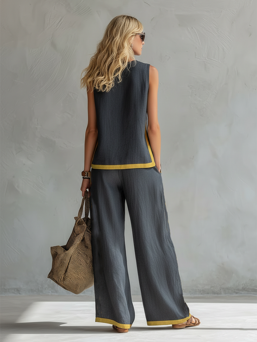 Contrast Trim Sleeveless Linen Top and Wide Leg Pant Two Piece Set