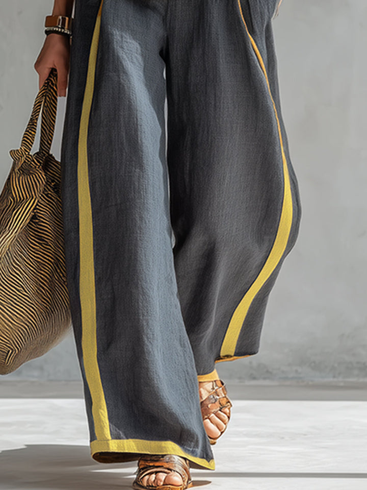 Contrast Trim Sleeveless Linen Top and Wide Leg Pant Two Piece Set