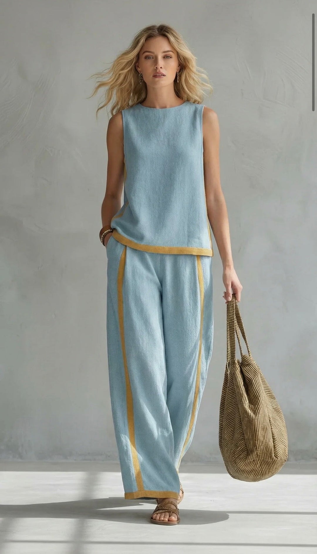 Contrast Trim Sleeveless Linen Top and Wide Leg Pant Two Piece Set